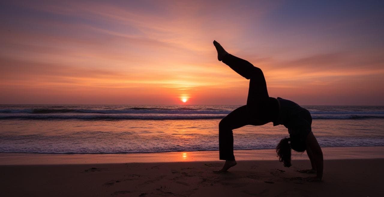 Silhouette of a yoga backbend at sunset